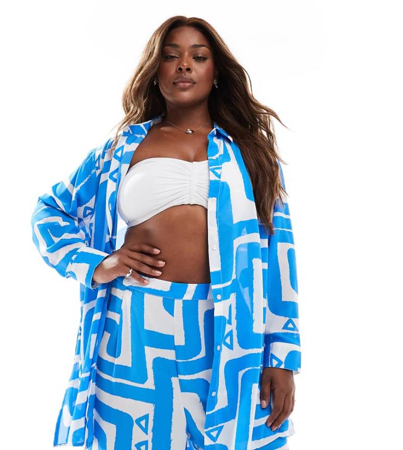 New Look Curve - Strandhemd in Blau mit Wirbelmuster, Kombiteil von New Look Plus