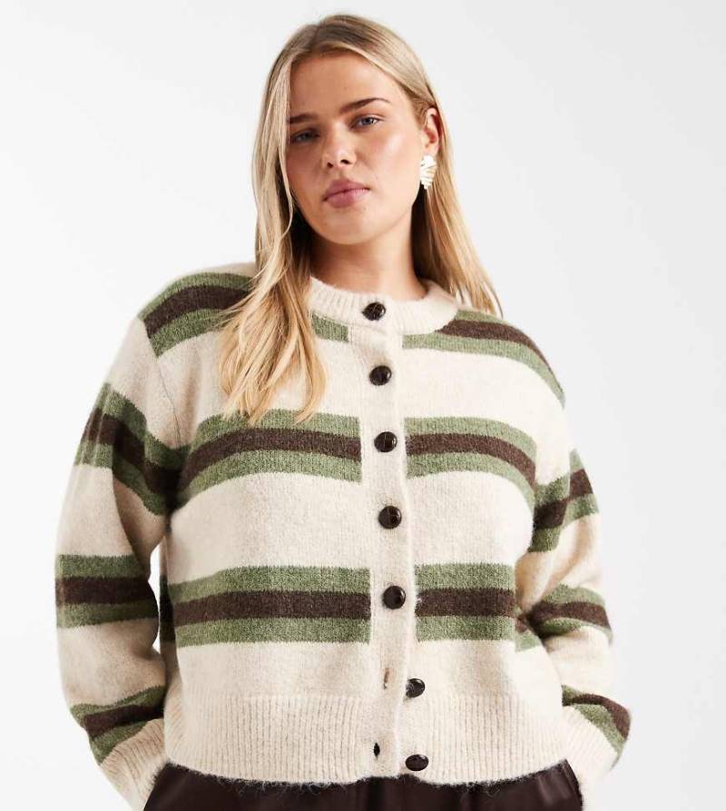 New Look Curve - Streifen-Strickjacke in Khaki und Creme-Weiß von New Look Plus