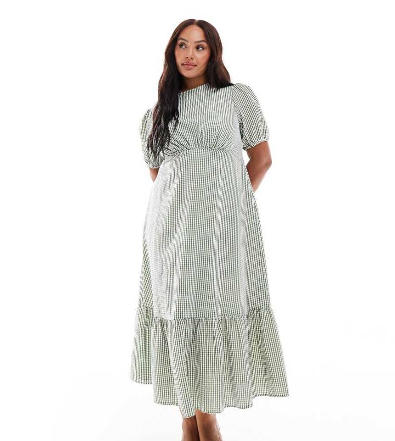 New Look Curve - Strukturiertes Midikleid in Dunkelgrün mit Vichy-Karos von New Look Plus