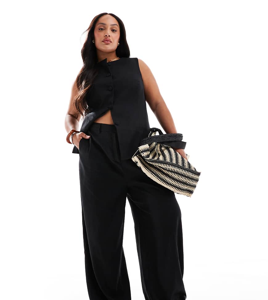 New Look Curve - Weit geschnittene Hose aus Leinen in Schwarz von New Look Plus