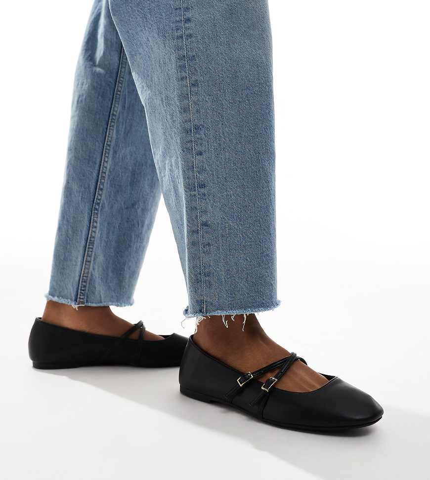 New Look Wide Fit - Ballerinas in Schwarz mit überkreuzten Riemen, weite Passform von New Look Wide Fit