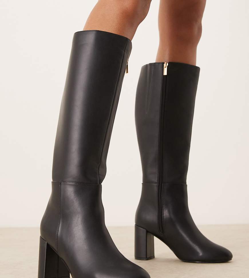 New Look Wide Fit - Kniehohe Stiefel in Schwarz mit Blockabsatz, weite Passform von New Look Wide Fit
