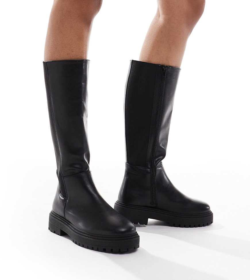 New Look Wide Fit - Kniehohe Stiefel in Schwarz mit dicker Sohle von New Look Wide Fit