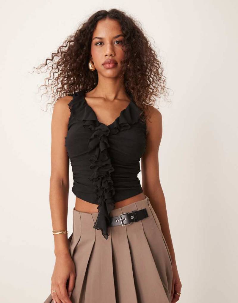 New Look - Ärmelloses Netzstoff-Oberteil in Schwarz mit Rüschen von New Look