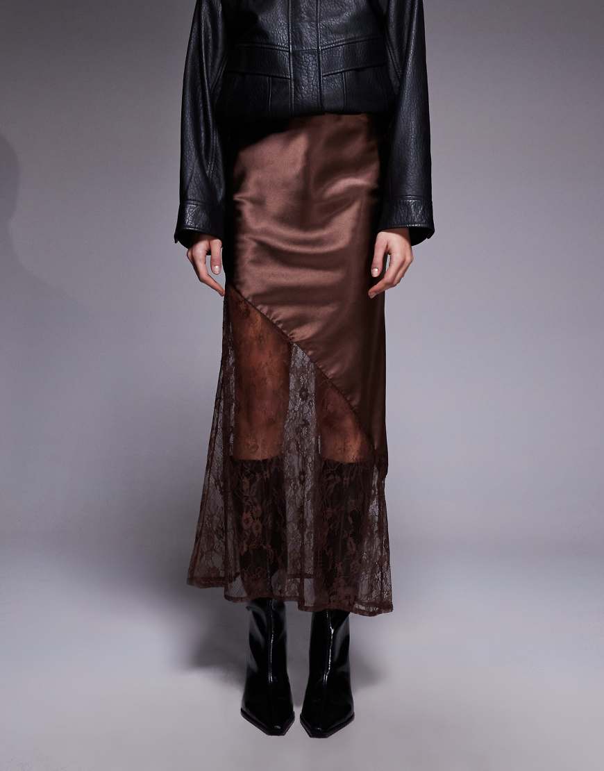 New Look - Asymmetrischer Rock aus Satin und Spitze in Braun-Brown von New Look