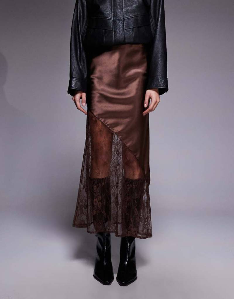 New Look - Asymmetrischer Rock aus Satin und Spitze in Braun-Brown von New Look