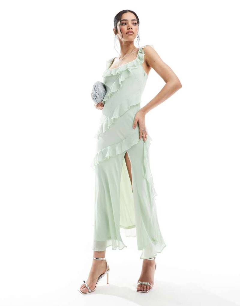 New Look - Asymmetrisch geschnittenes Midikleid in Grün mit Rüschen von New Look