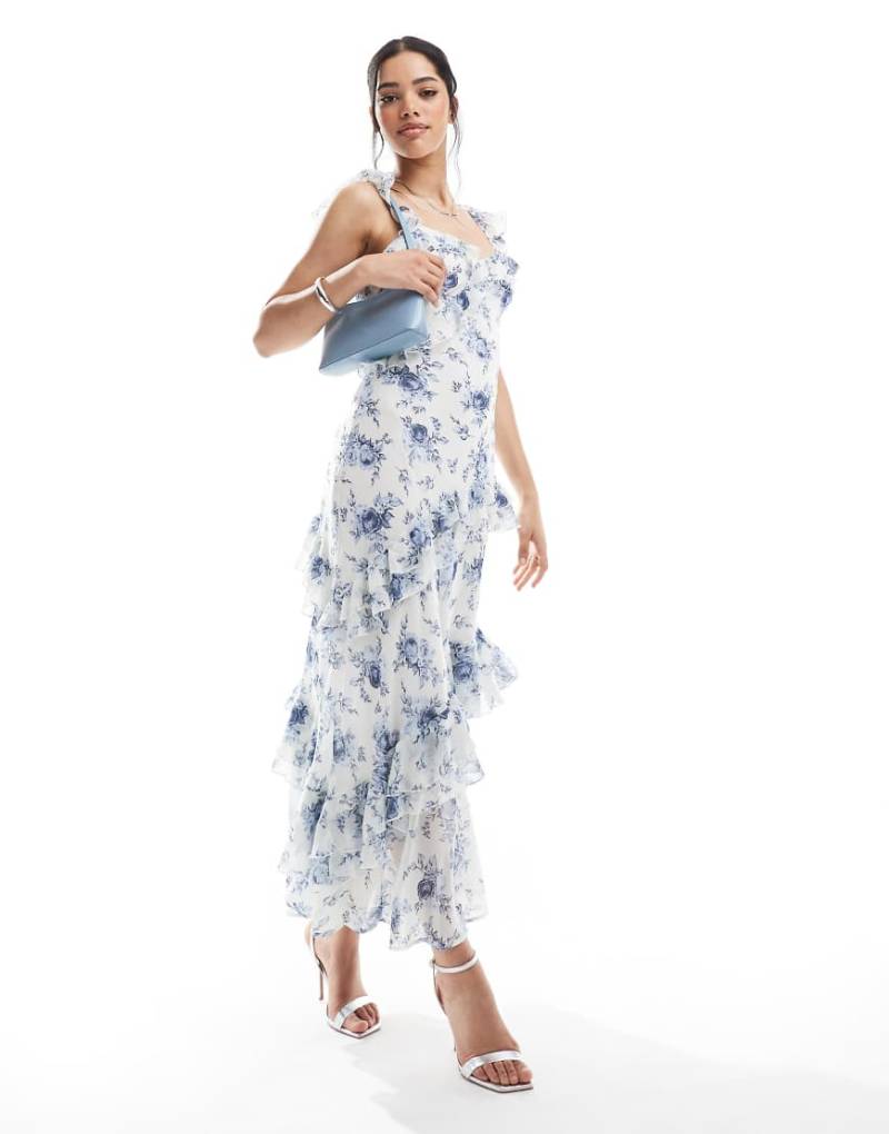 New Look - Asymmetrisches Midikleid mit Blumenmuster in Blau und Rüschen von New Look