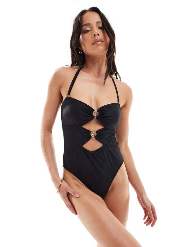 New Look - Badeanzug in Schwarz mit Cut-out und Spiral-Besatz von New Look