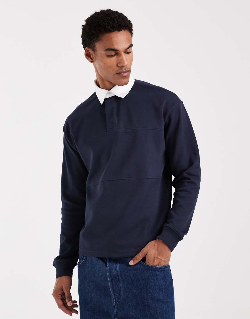New Look - Besticktes Rugby-Sweatshirt in Marineblau mit Polokragen von New Look