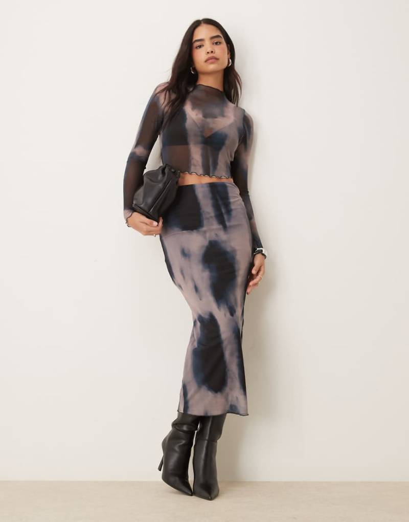 New Look - Blau gemusterter Midirock aus Netzstoff-Schwarz von New Look