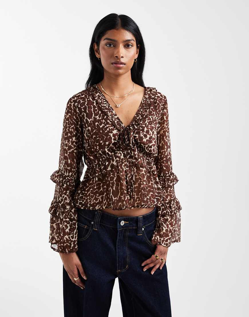 New Look - Bluse aus Chiffon mit Rüschen und Leopardenmuster-Brown von New Look