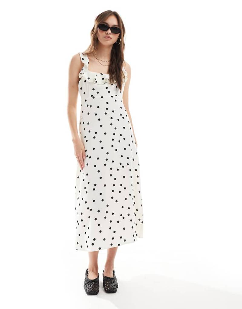 New Look - Camisole-Midikleid in Creme gepunktet mit Rüschenärmeln-Weiß von New Look