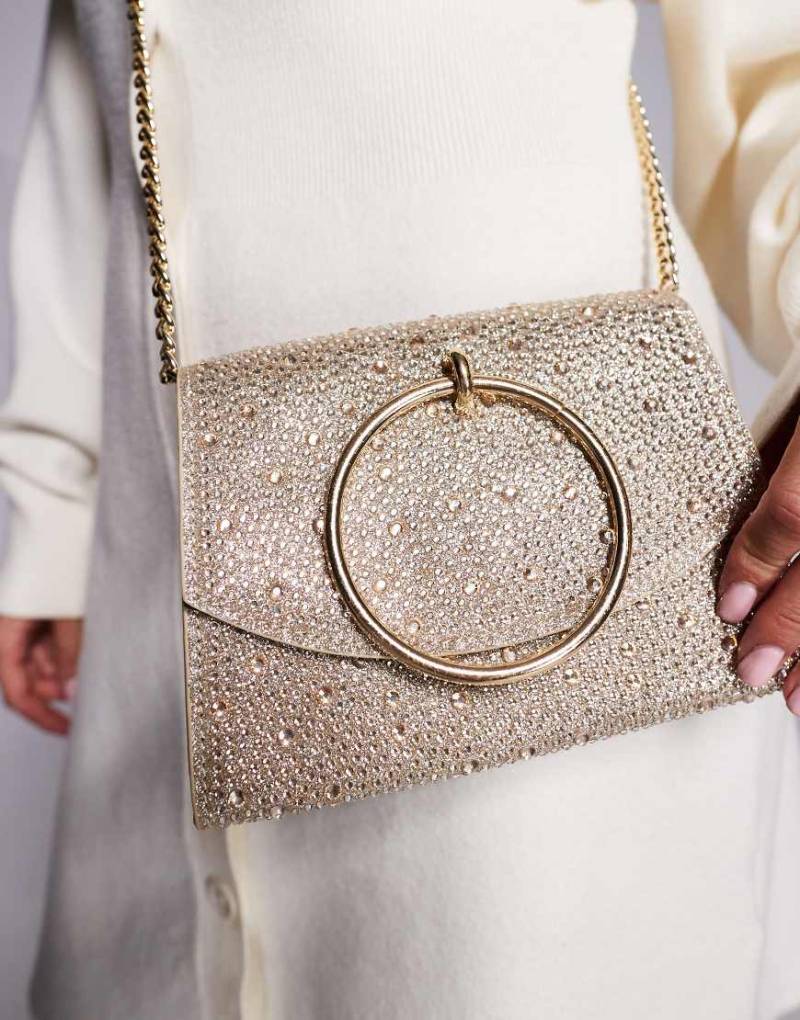 New Look - Clutch in Gold mit Schmuckstein- und Ringverzierung-Goldfarben von New Look