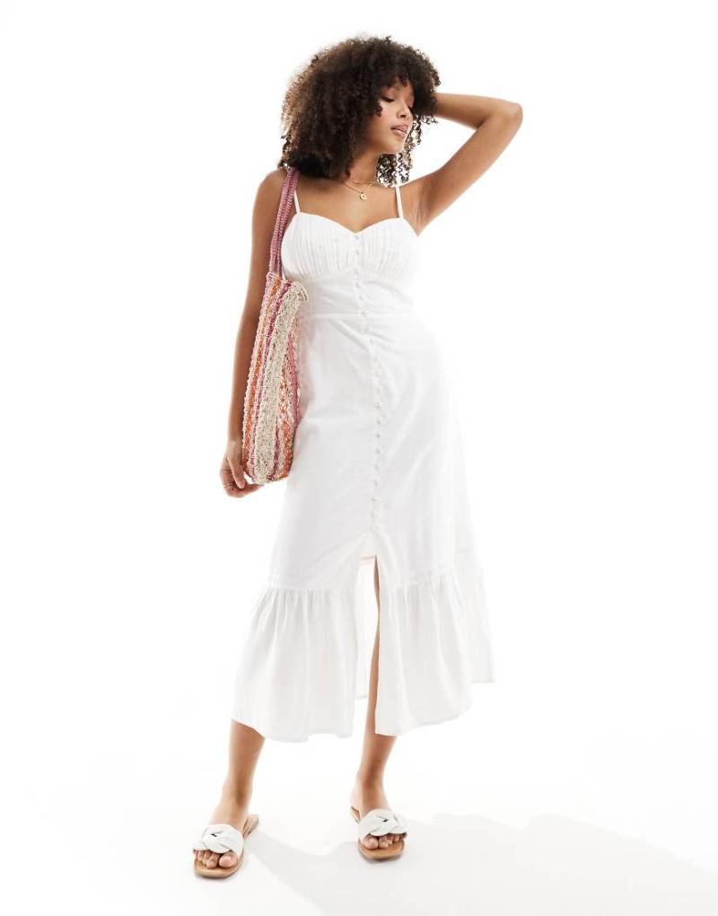 New Look - Durchgeknöpftes Midikleid in gebrochenem Weiß mit Riemchenträgern von New Look