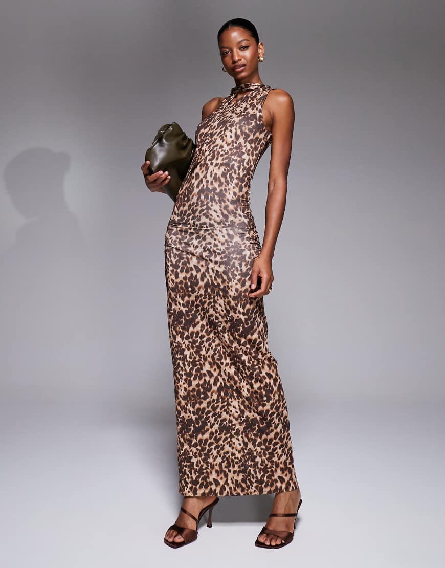 New Look - Figurbetontes Midikleid in Braun mit Leopardenmuster und Schleife am Ausschnitt-Brown von New Look