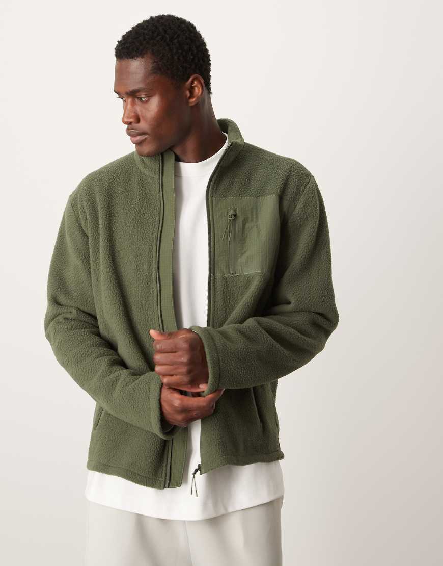 New Look - Fleece-Jacke in dunklem Khaki-Grün von New Look