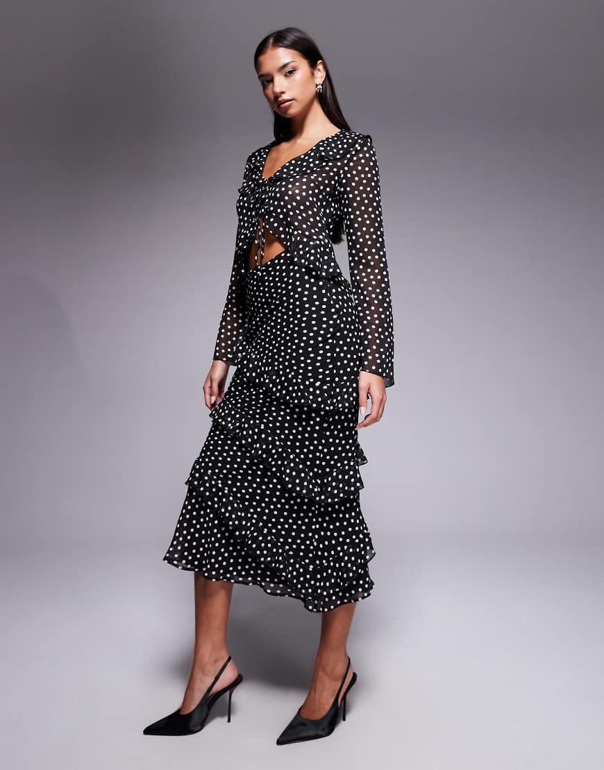 New Look - Gepunkteter Chiffon-Midirock in Schwarz mit Rüschen, Kombiteil von New Look