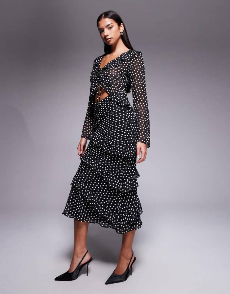 New Look - Gepunkteter Chiffon-Midirock in Schwarz mit Rüschen, Kombiteil von New Look