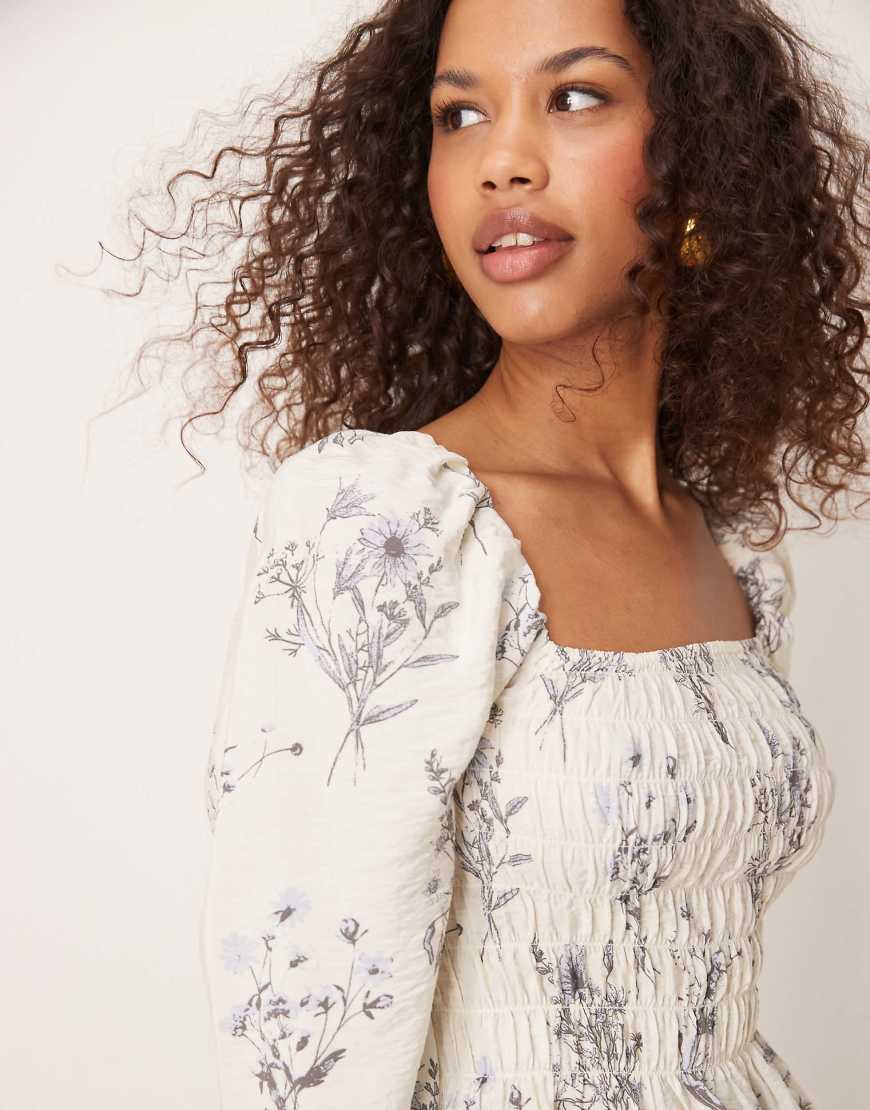 New Look - Gesmoktes, langärmliges Milkmaid-Oberteil mit Blumenmuster-Weiß von New Look