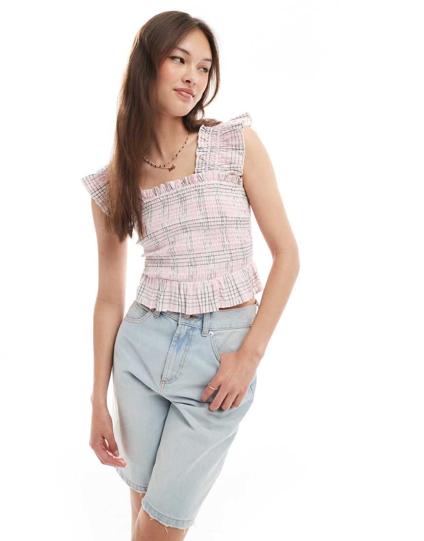 New Look - Gesmoktes Camisole-Oberteil in Rosa kariert von New Look