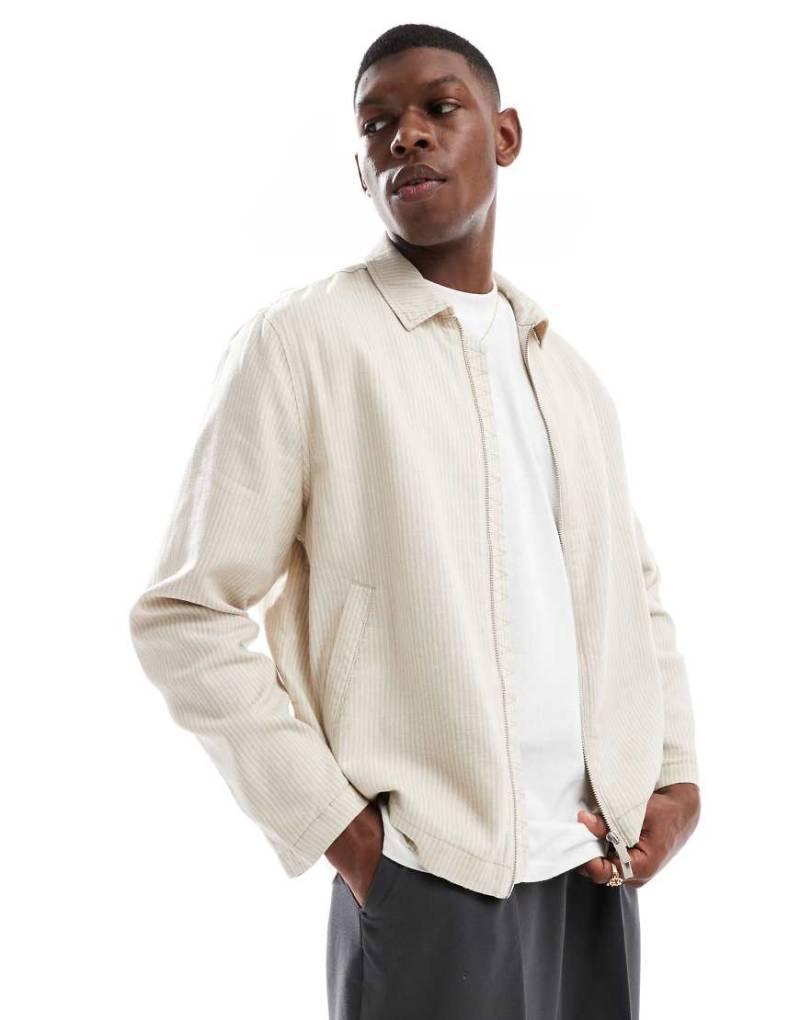 New Look - Gestreifte Harrington-Jacke in Steinbeige aus Leinenmix-Neutral von New Look