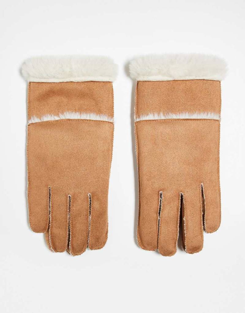 New Look - Handschuhe in Kamelbraun mit Lammfell-Weiß von New Look