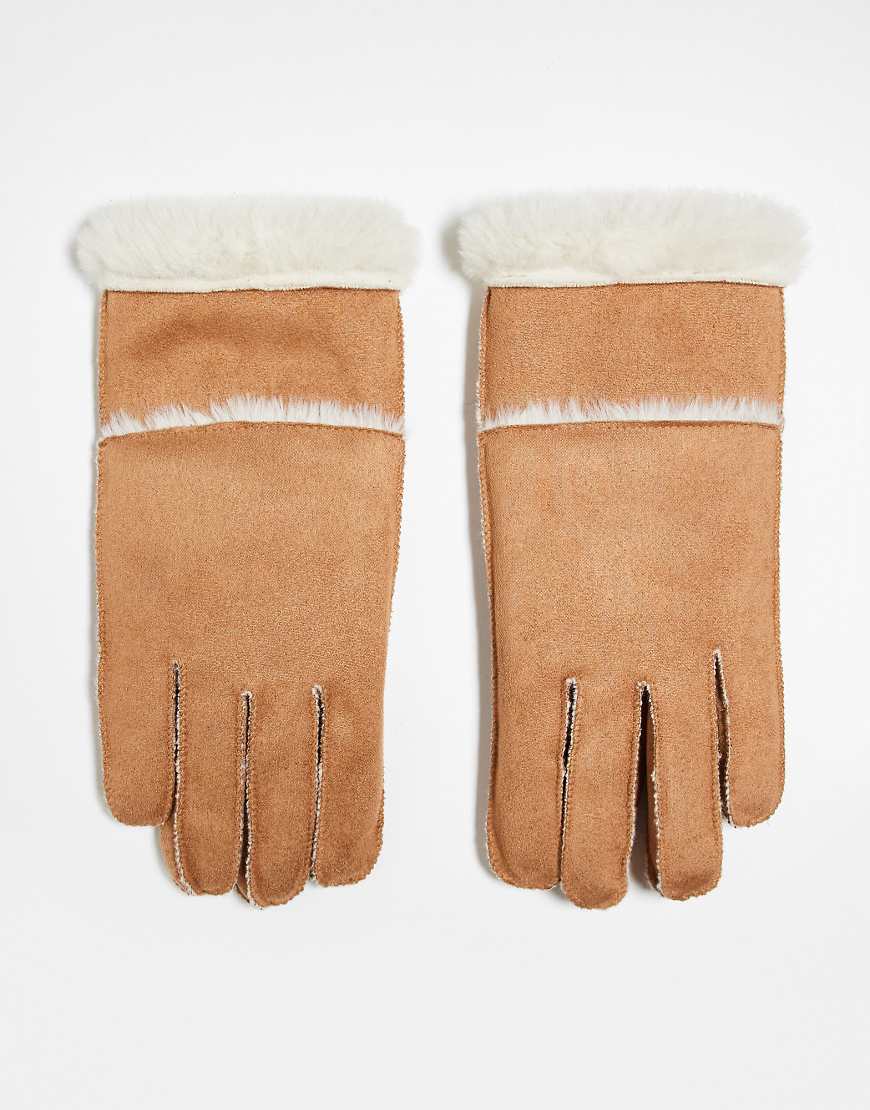 New Look - Handschuhe in Kamelbraun mit Lammfell-Weiß von New Look