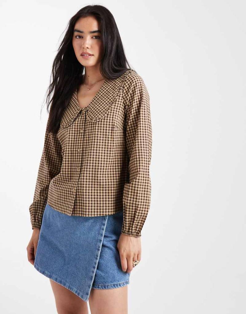 New Look - Hemdbluse in Braun mit Vichy-Karo und Kragen-Brown von New Look