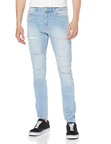 New Look Herren Arnie Rip Bleach Skinny Jeans, Blau (Light Blue 45), 32W / 32L von New Look