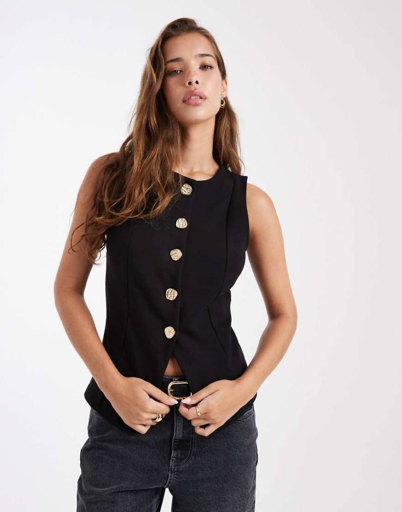 New Look - Jersey-Weste in Schwarz mit goldfarbenen Knöpfen von New Look