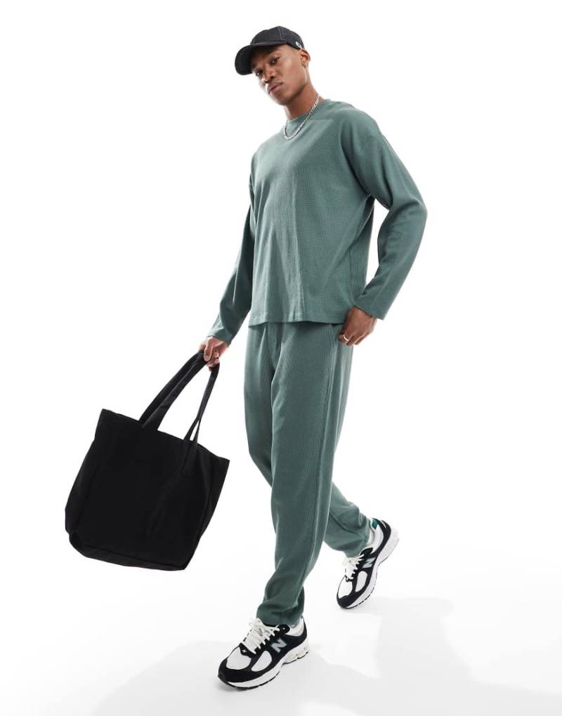 New Look - Jogginghose in Khaki mit geradem Schnitt und Waffelstruktur-Grün von New Look