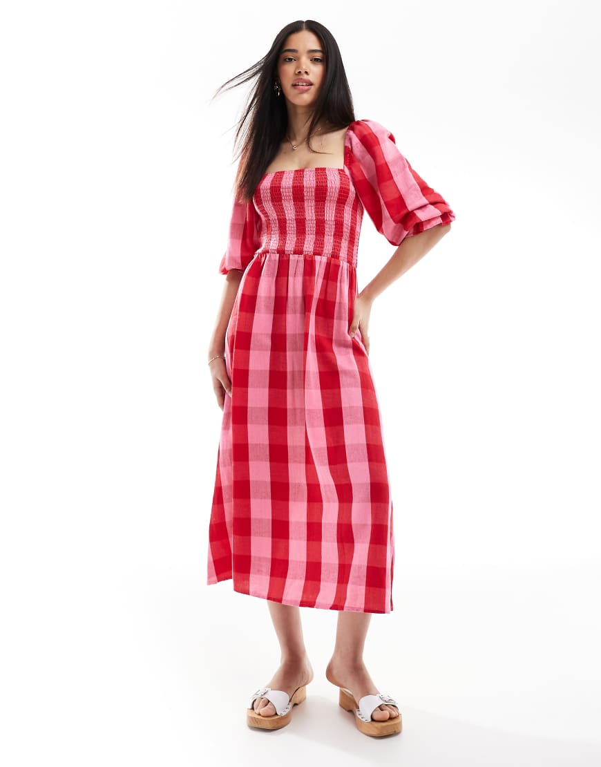 New Look - Kariertes, langärmliges Midikleid in Rosa von New Look
