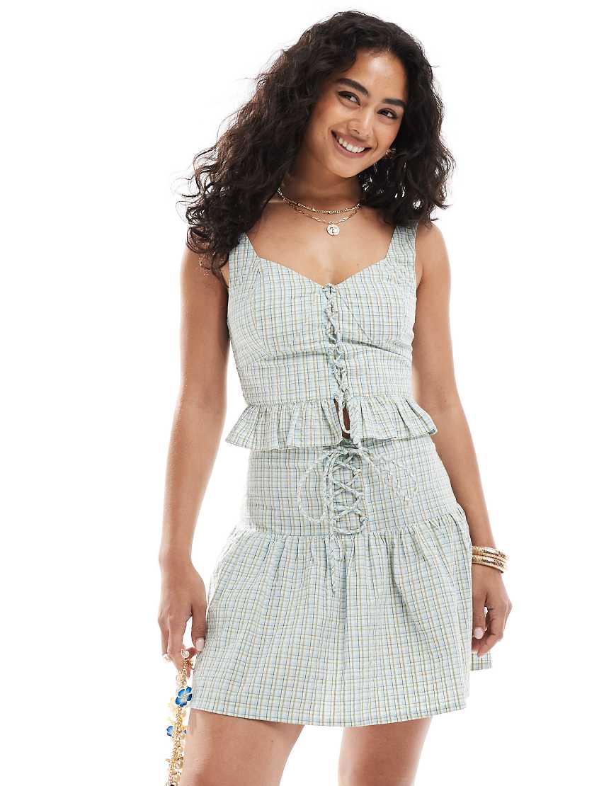 New Look - Kariertes Camisole-Top in Grün mit Schnürung vorn, Kombiteil-Blau von New Look