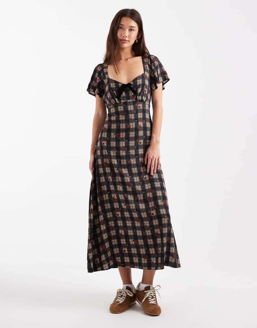 New Look - Kariertes Midikleid aus schwarzem Samt mit Schleife von New Look