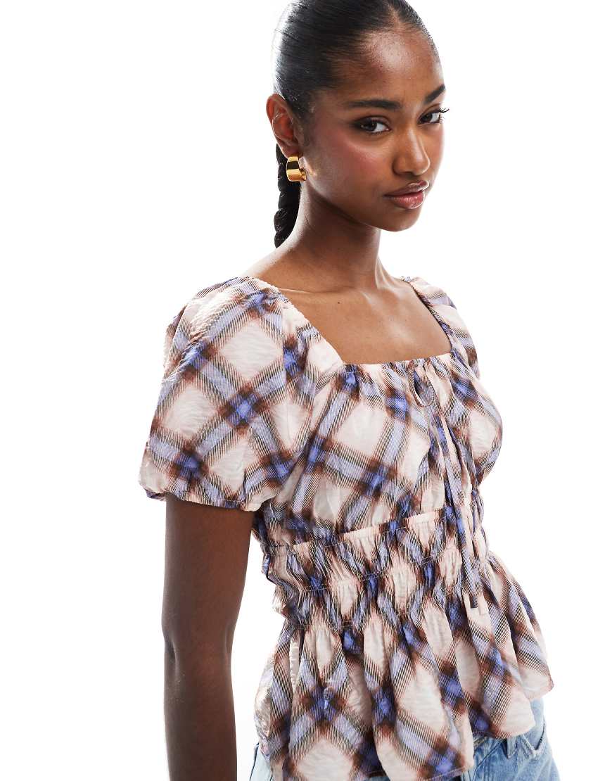 New Look - Kurzärmliges, kariertes Milchmädchen-Top in Braun von New Look