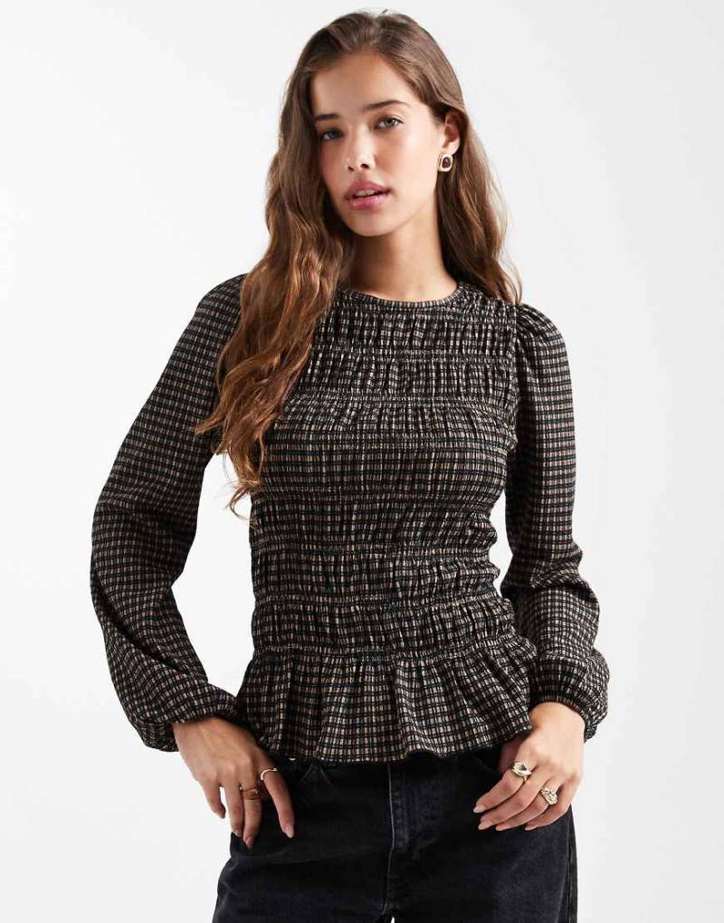 New Look - Langärmliges, gesmoktes Oberteil in Braun mit Karomuster-Brown von New Look