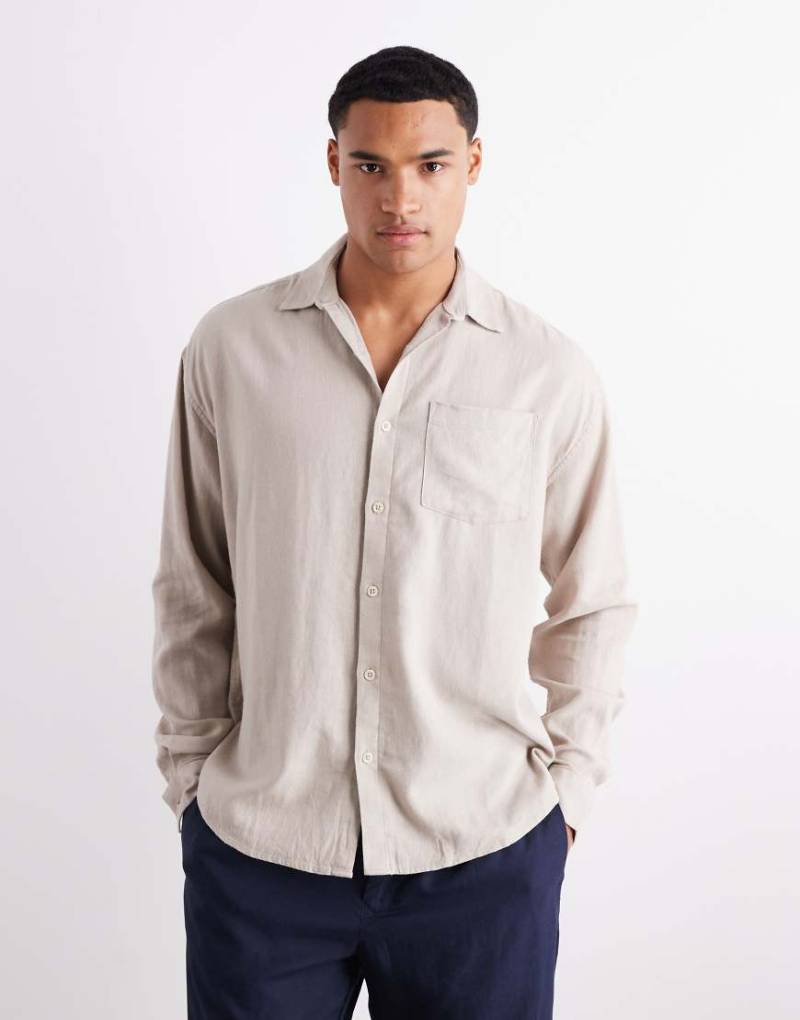 New Look - Langärmliges, luftiges Hemd aus Leinenimitat in Steinbeige, Kombiteil-Neutral von New Look