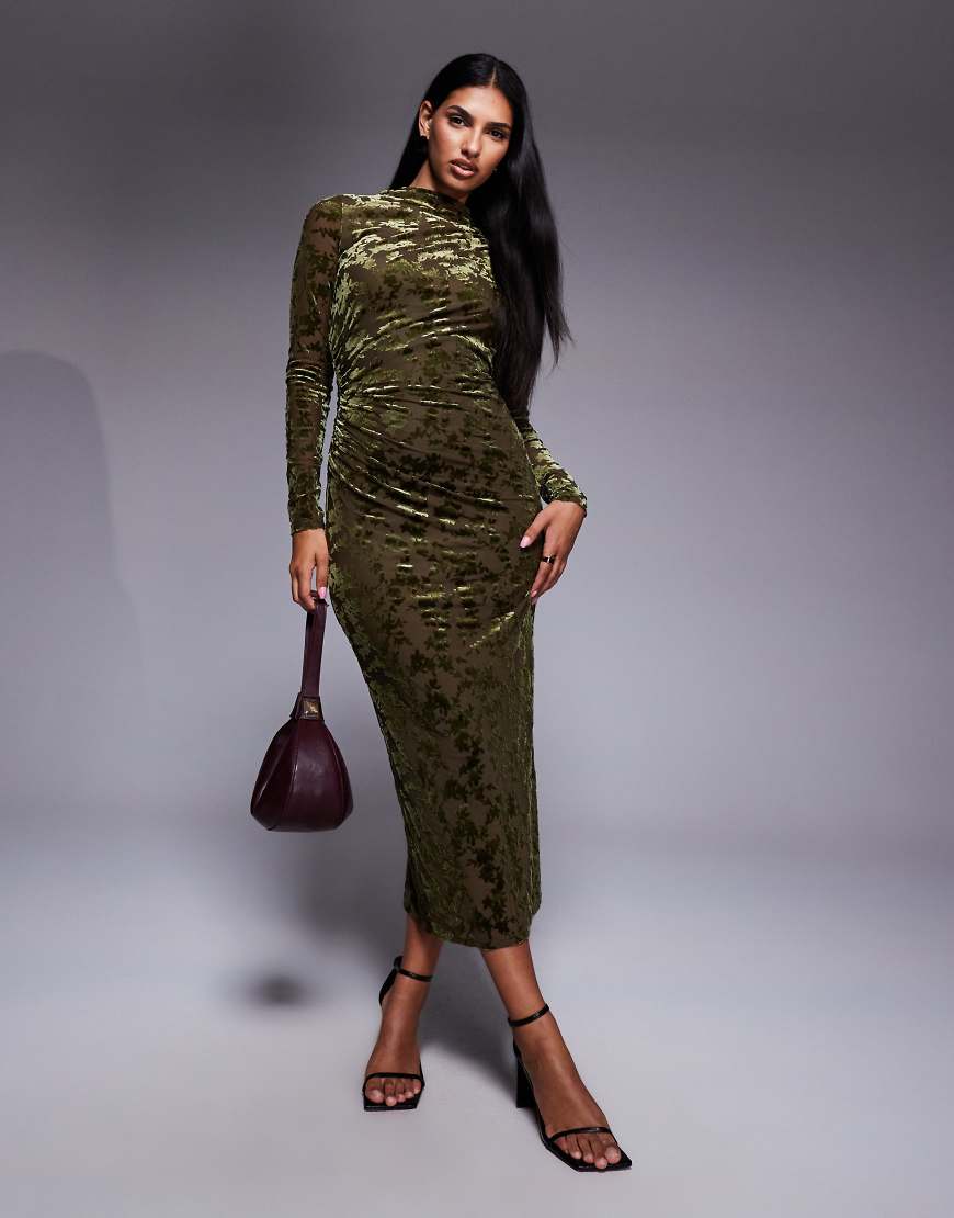 New Look - Langärmliges Midikleid in Khaki aus Samt-Devore-Grün von New Look