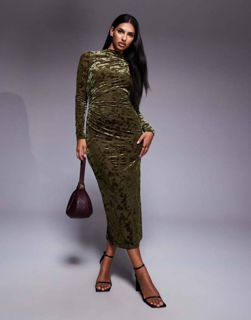 New Look - Langärmliges Midikleid in Khaki aus Samt-Devore-Grün von New Look