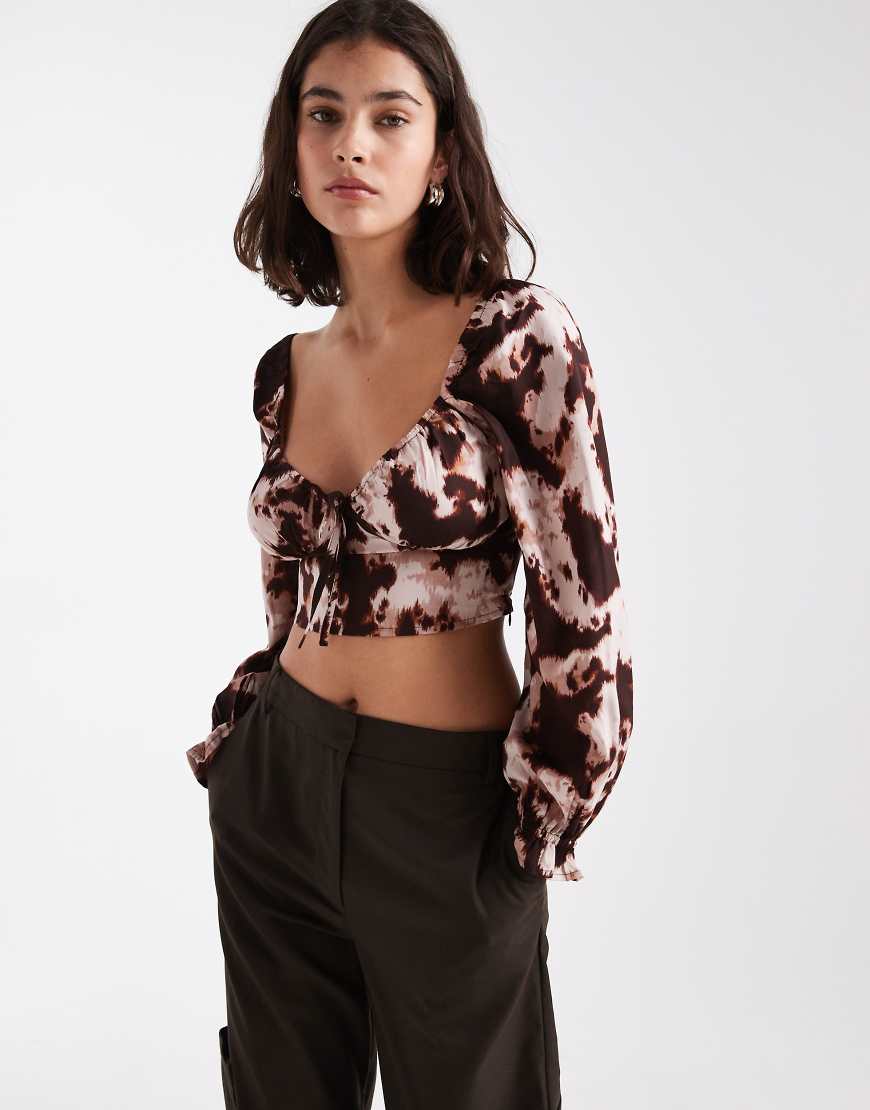 New Look - Langärmliges Milchmädchen-Oberteil in Braun mit Kuhfleckenmuster-Brown von New Look