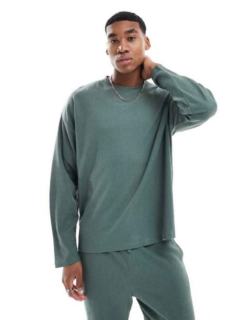 New Look - Langärmliges Shirt in Khaki mit Waffelstruktur-Grün von New Look