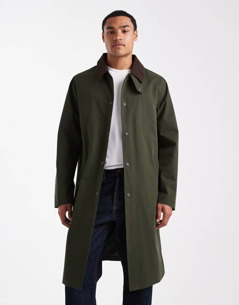New Look - Longline-Trenchcoat in dunklem Khaki mit Cordkragen-Grün von New Look