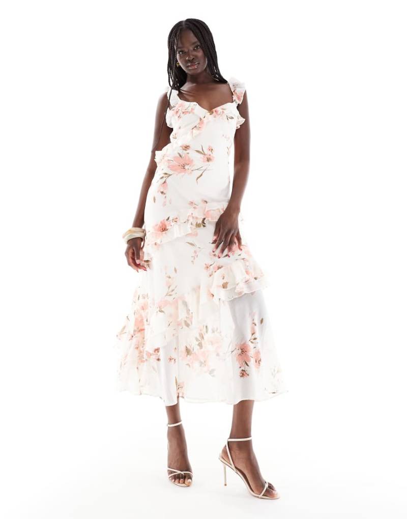 New Look - Maxikleid in Cremeweiß mit Rüschen und Blumenmuster von New Look