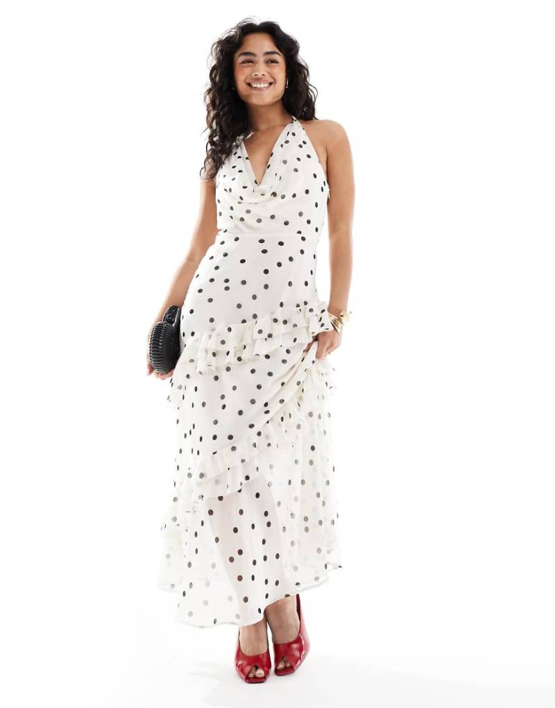 New Look - Maxikleid in Cremeweiß mit Wasserfallausschnitt und Rüschen von New Look
