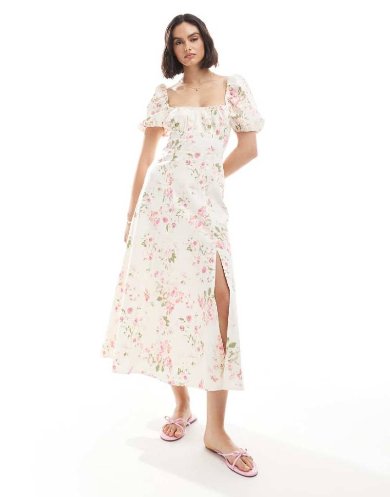 New Look - Midi-Milchmädchenkleid in Cremeweiß mit Puffärmeln und Blumenmuster von New Look