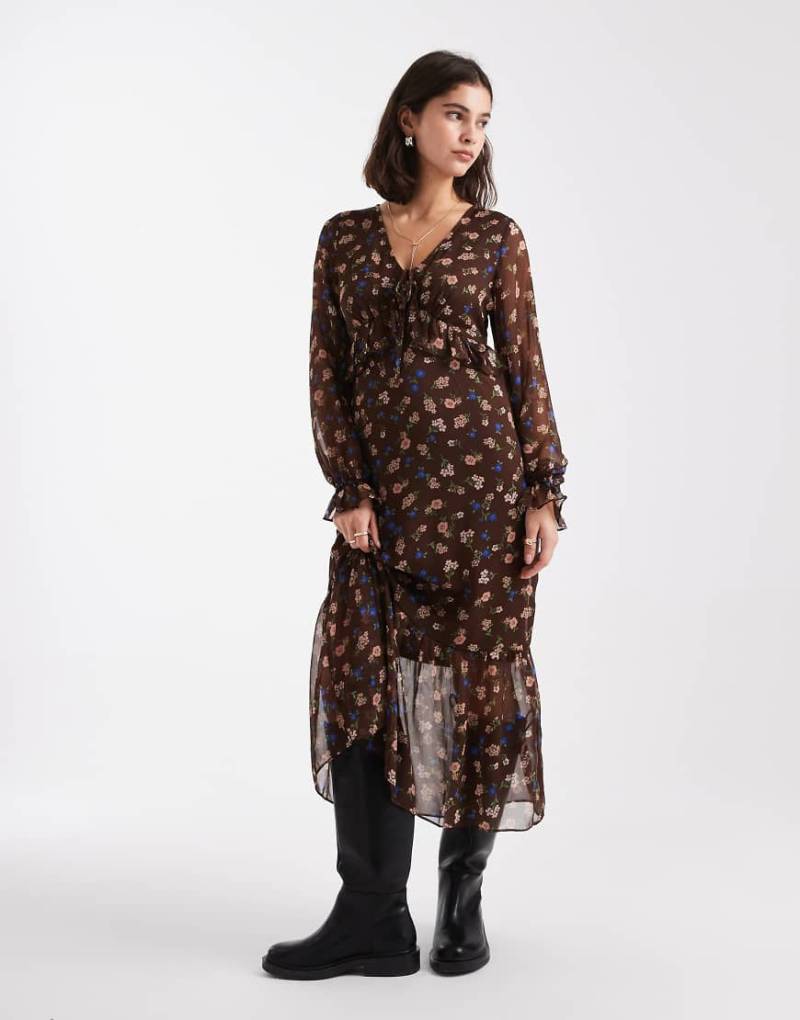 New Look - Midikleid aus Chiffon in Braun mit Blumenmuster und V-Ausschnitt-Brown von New Look