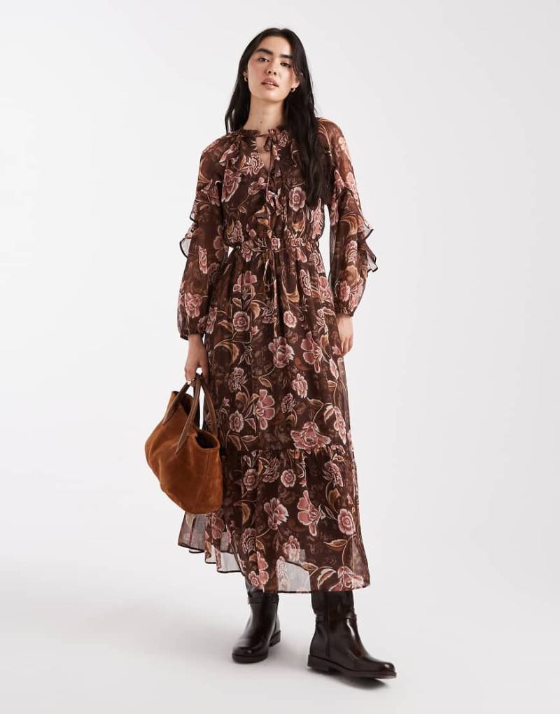 New Look - Midikleid aus Chiffon in Braun mit Muster-Brown von New Look