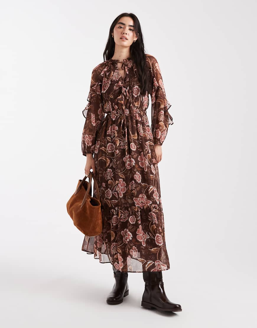 New Look - Midikleid aus Chiffon in Braun mit Muster-Brown von New Look