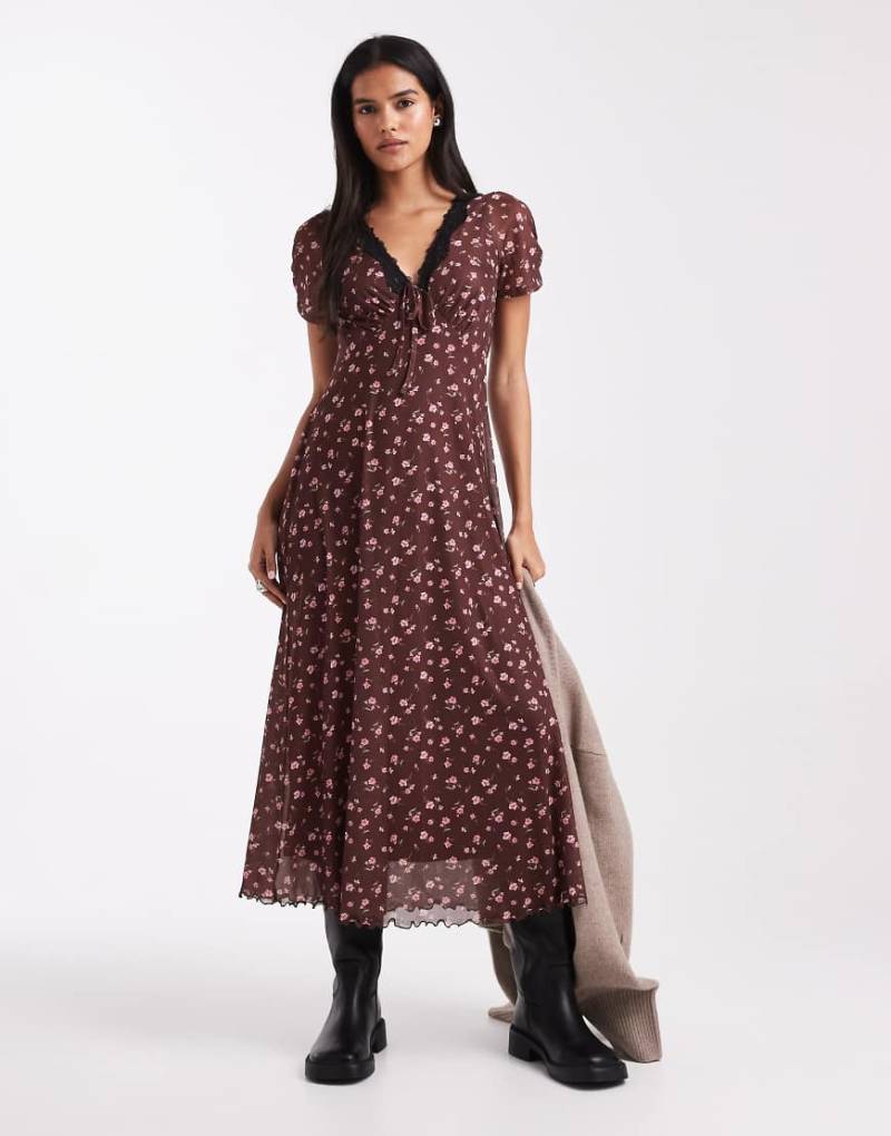 New Look - Midikleid aus Netzstoff in Braun geblümt mit Spitzenbesatz-Brown von New Look